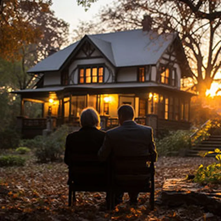 retired couple in front of a house during sunset