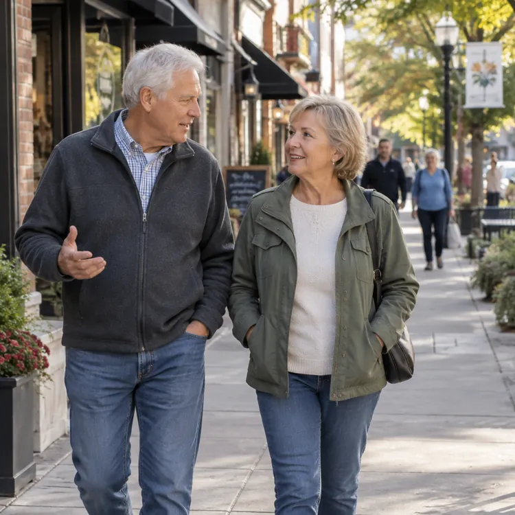 Older man and woman walking and talking on a sidewalk lined with shops and benches