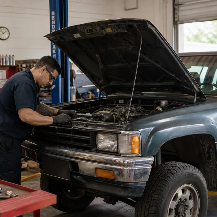 Mechanic working on a truck engine in a garage with tools and equipment nearby