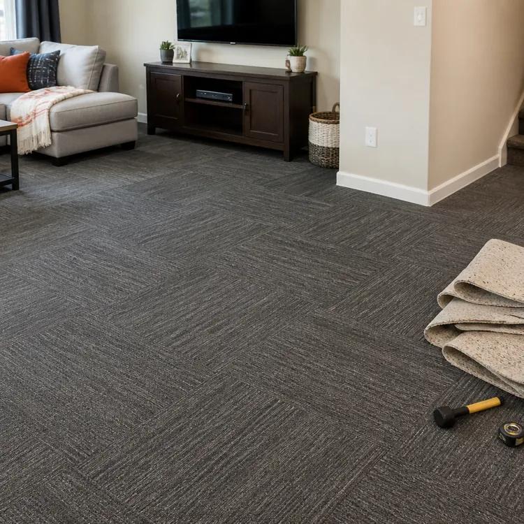 Living room with new carpet tiles being installed, tools and old carpet padding on the floor