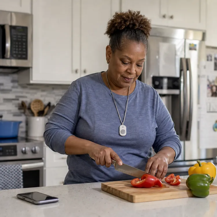 Woman slicing bell peppers on a cutting board in a modern kitchen wearing a medical alert necklace