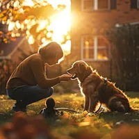 a pet owner and their dog playing outside