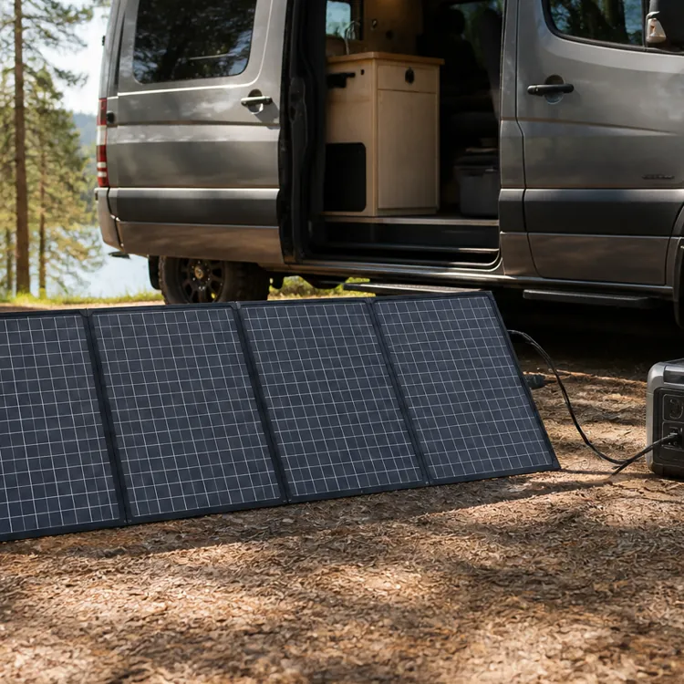 Portable solar panel connected to a generator beside a camper van and camping chair in a forest