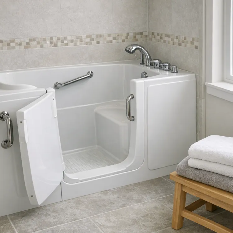 Walk in bathtub with open door, grab bars, and folded towels on a wooden stool