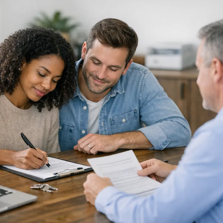 Smiling couple signing paperwork with advisor at a wooden table with keys and laptop nearby