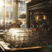 an open dishwasher loaded with utensils and bowls
