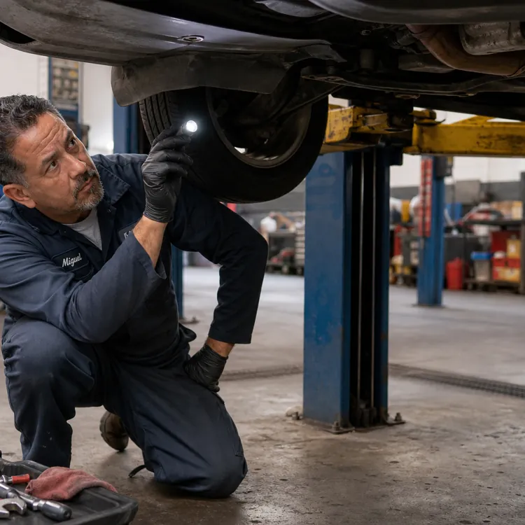 Mechanic inspecting car undercarriage with flashlight in a garage