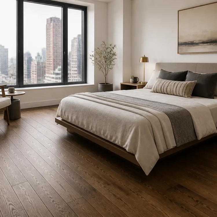 Modern bedroom with large bed, wooden floor, armchair, and city buildings visible through window