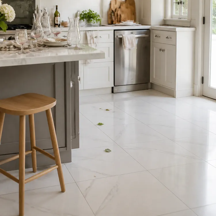 Modern kitchen with marble island, wooden stools, dishwasher, and glass doors to outside