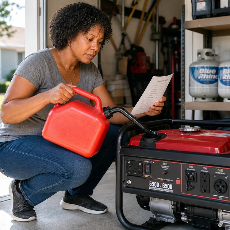 Woman reading instructions while pouring fuel into a portable generator in a garage