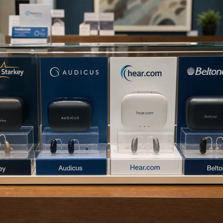Four brands of hearing aids with cases displayed in a glass case at a retail store
