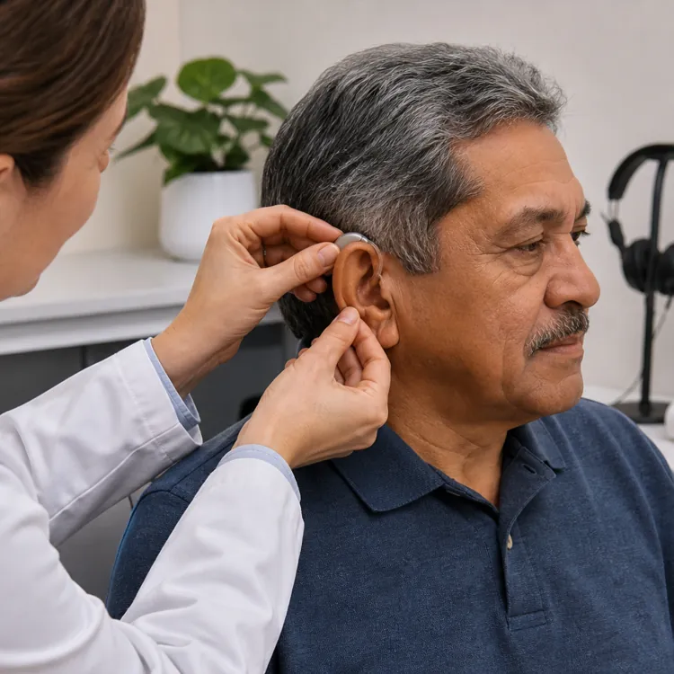 Audiologist fitting a hearing aid on an older man in a clinic setting