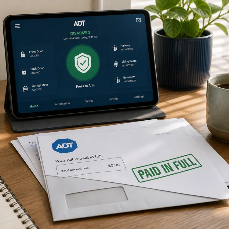 Tablet displaying a home security system interface next to paid bills, coffee cup, and notebook on a desk