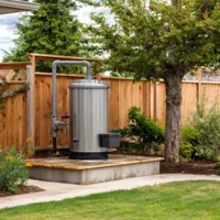 a modern well with a pressure tank in a garden