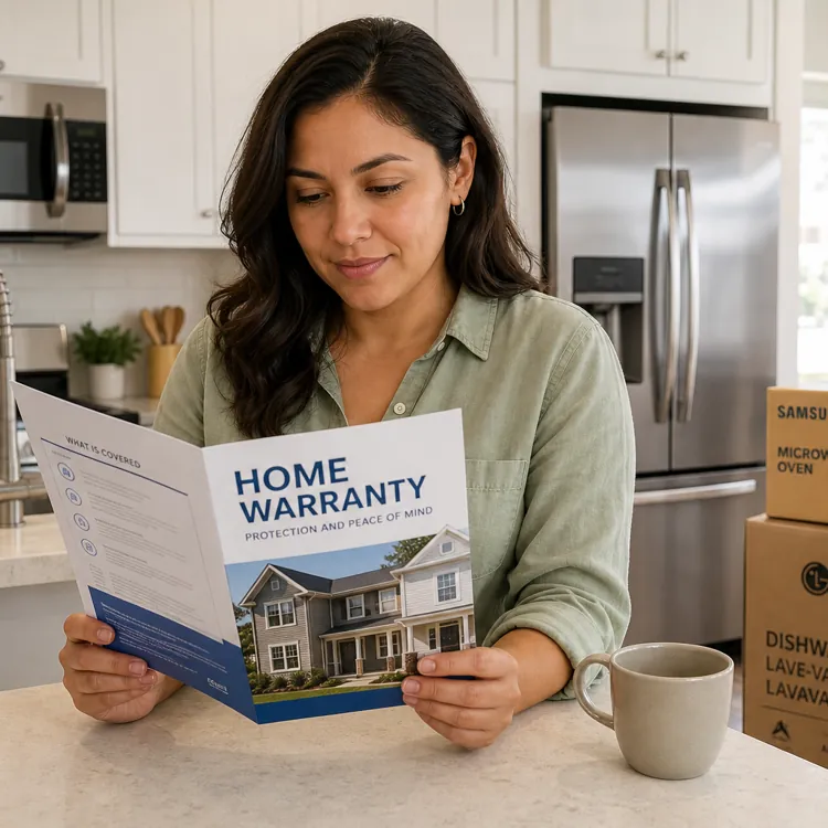 Woman reading a home warranty brochure in a kitchen with appliance boxes and a coffee mug
