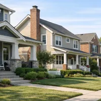 Row of suburban houses with front porches and manicured lawns under a blue sky, featuring an American flag on one porch.