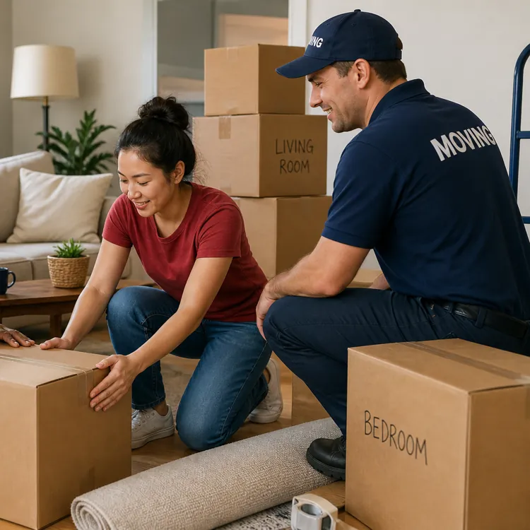 Three people packing and taping cardboard boxes labeled kitchen, bedroom, and living room in a living room