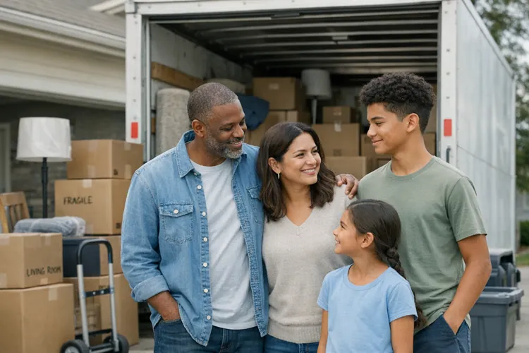 Family of four standing together in front of a moving truck filled with cardboard boxes, smiling at each other.