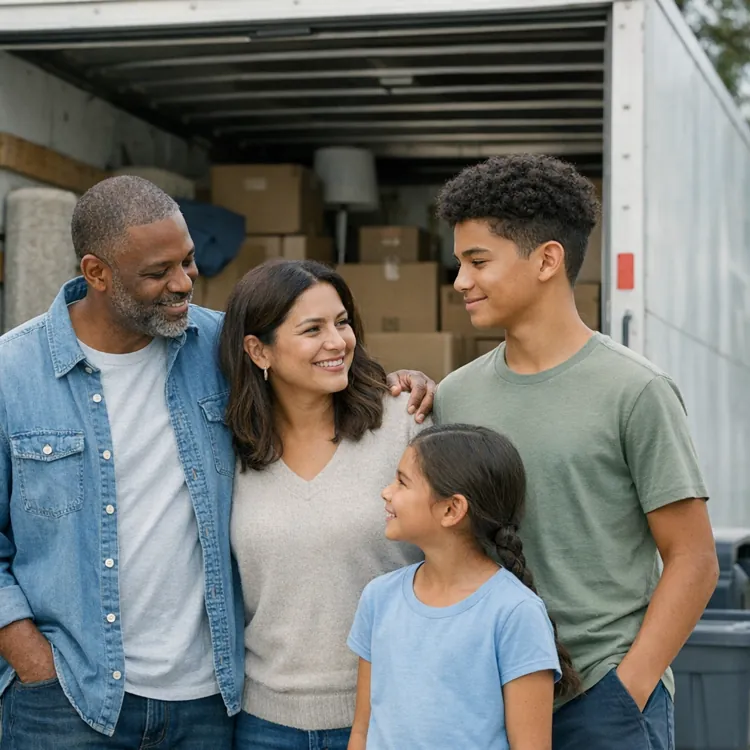 Family of four standing together in front of a moving truck filled with cardboard boxes, smiling at each other.
