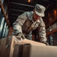 a man in military uniform moving boxes
