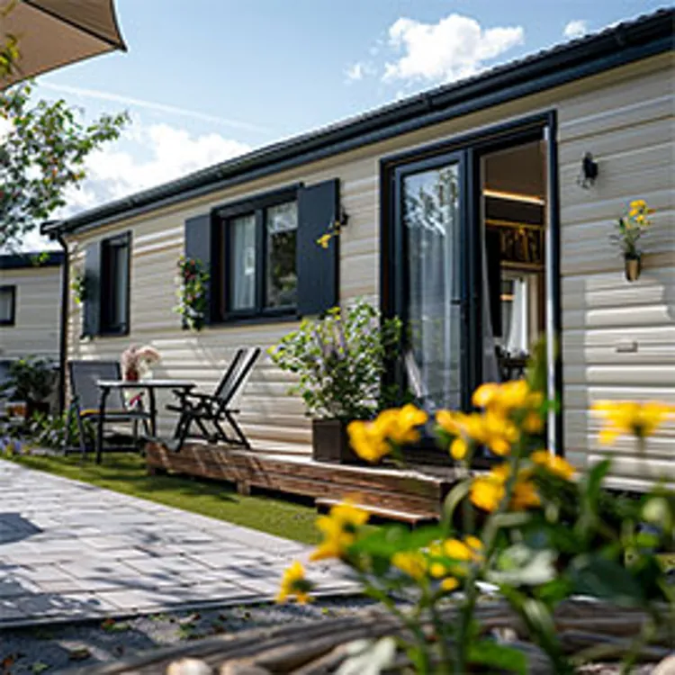 facade of a mobile home with a table and a chair and flowers in front