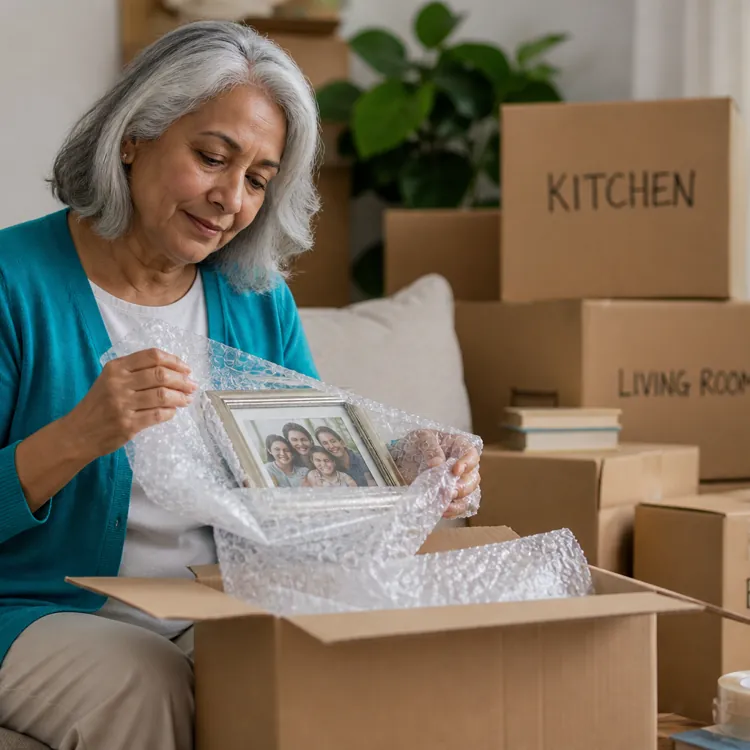 Older woman unwrapping a framed family photo from bubble wrap while sitting among moving boxes