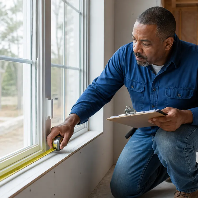 Man kneeling and measuring a window frame with a tape measure while holding a clipboard