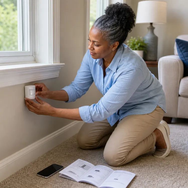 Woman installing a motion sensor on a wall below a window in a living room with instructions nearby