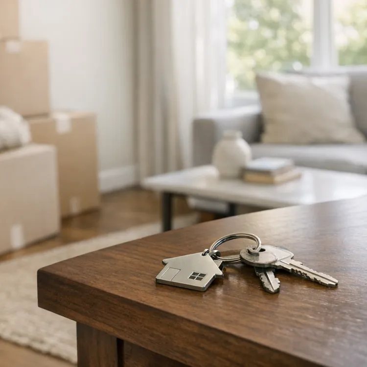 House keys on table with moving boxes and sofa in bright living room