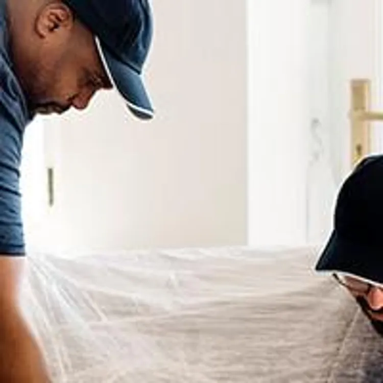 two men wrapping a piece of furniture in a room full of moving boxes