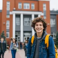 a young adult male student smiling and standing in front of a school building while other students are coming and going