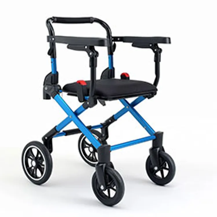 a rollator walker with black handles and blue legs