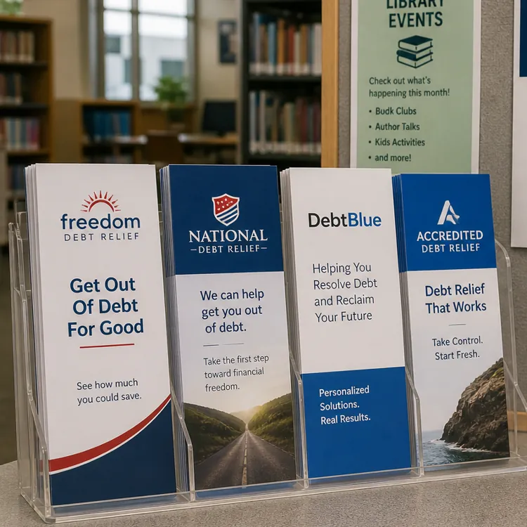 Debt relief brochures and financial literacy workshop flyers displayed on a library counter and bulletin board