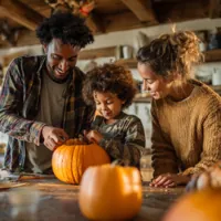 father teaching child to carve pumpkin with mother watching
