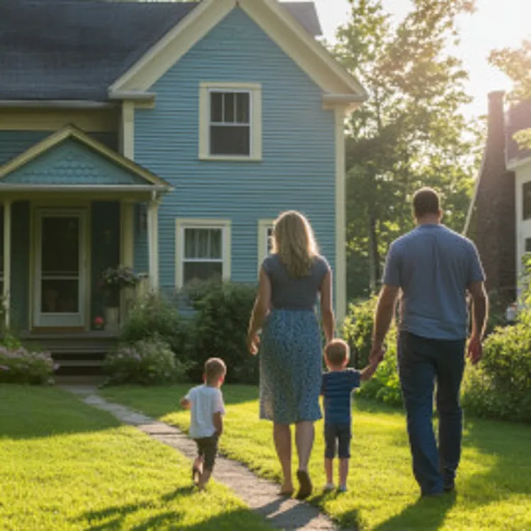 a family walking towards a house