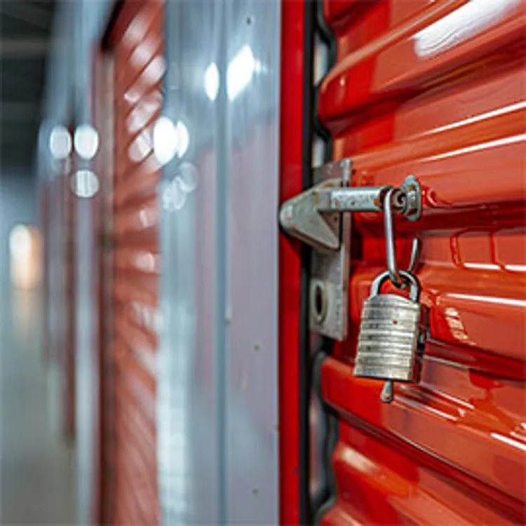 lock on the red door of a storage unit