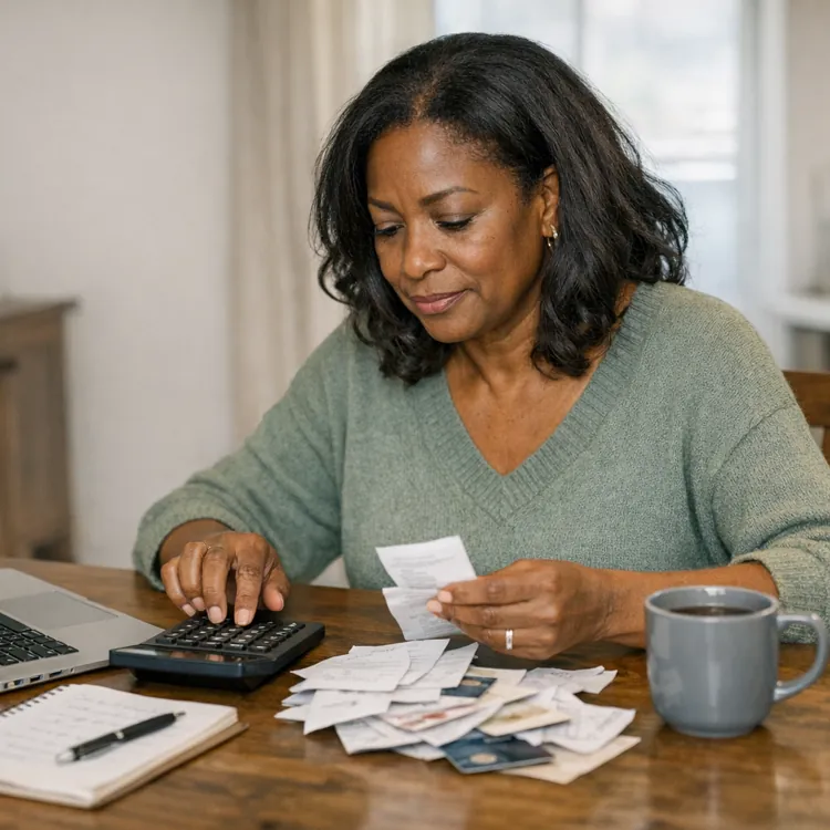 Woman using calculator with receipts and laptop at kitchen table