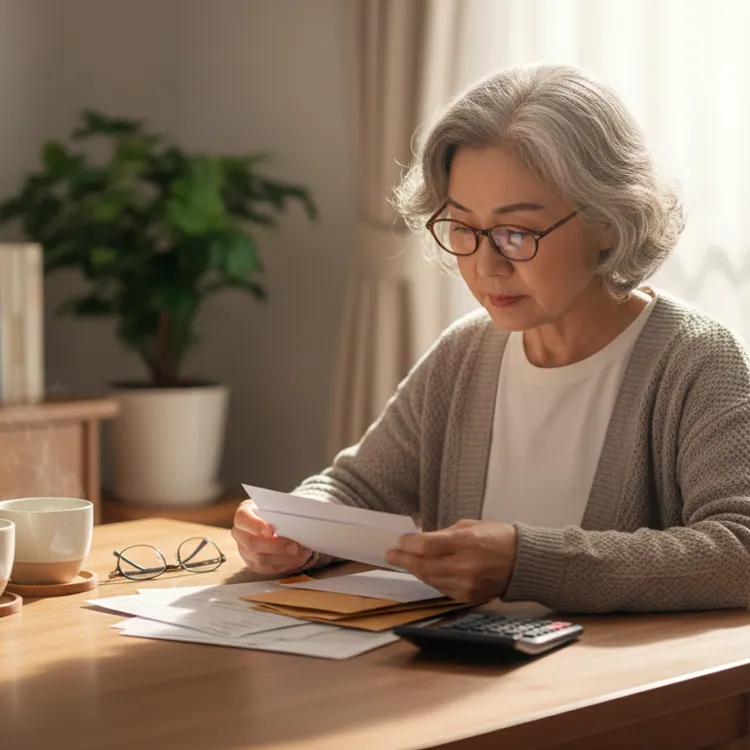 Older woman with glasses reading mail at a table with papers, coffee, and a calculator