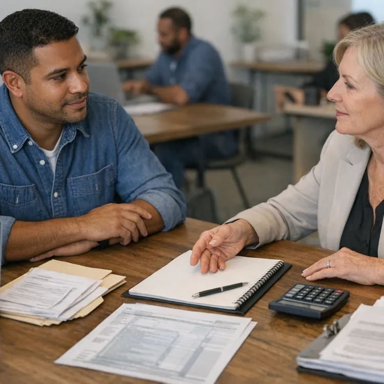 Two people discussing paperwork at a desk with a laptop and calculator in an office