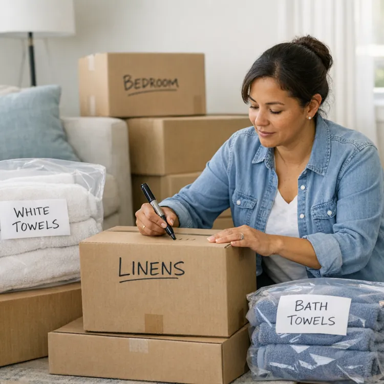 Woman labeling boxes and bags of towels in a room filled with packed items.