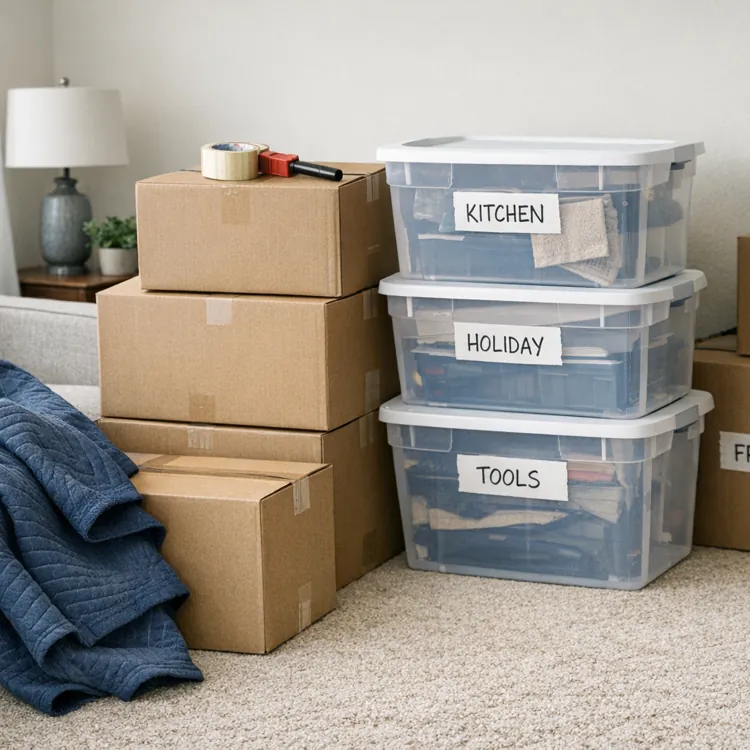 Stacked labeled moving boxes and plastic bins beside a sofa in a living room