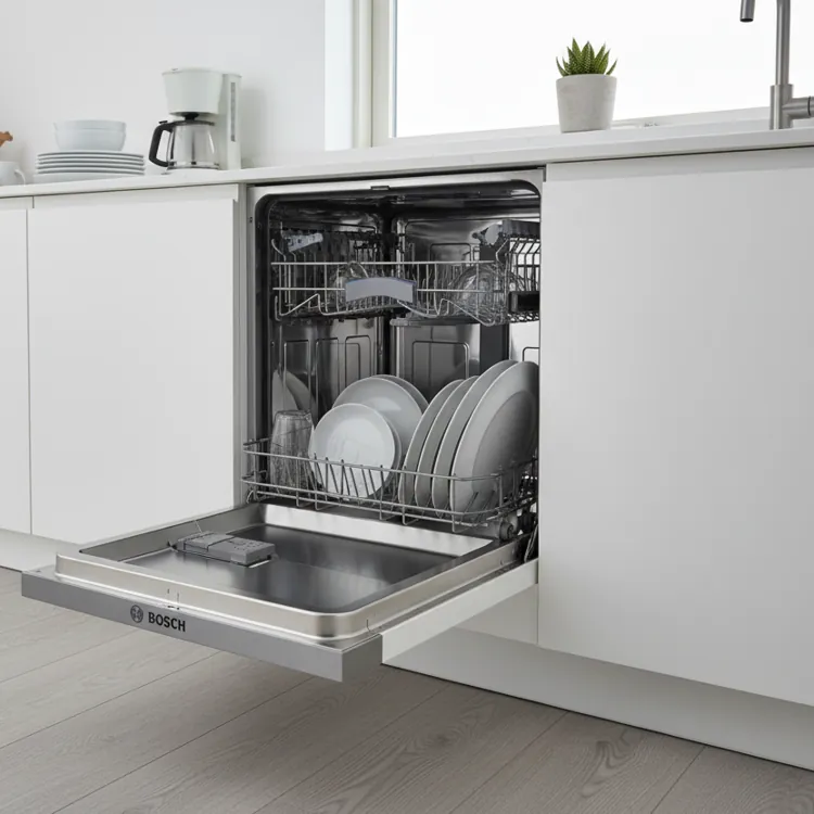 Open dishwasher with clean dishes in a modern white kitchen