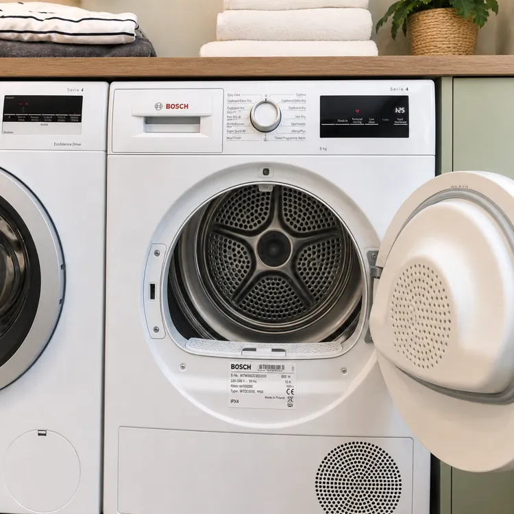 Front view of a washing machine and dryer set with the dryer door open in a laundry room