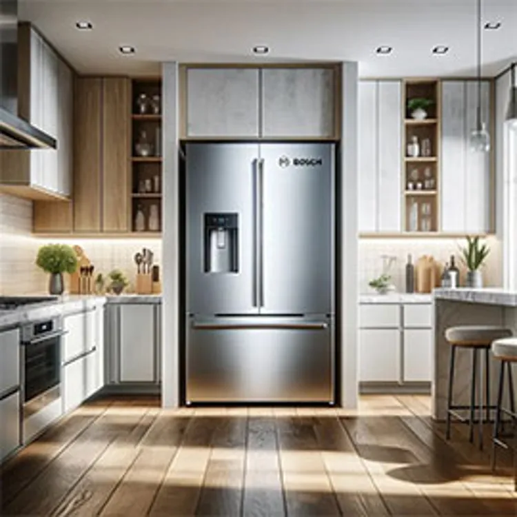 sleek stainless steel bosch refrigerator in a modern home kitchen