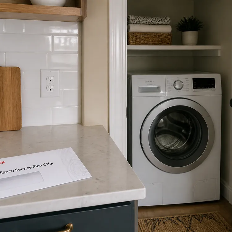 Front load washing machine in a laundry nook with countertop and service plan envelope nearby