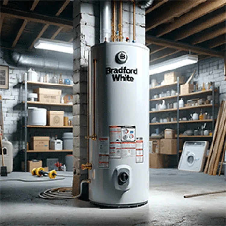 bradford white water heater tank in a stockroom