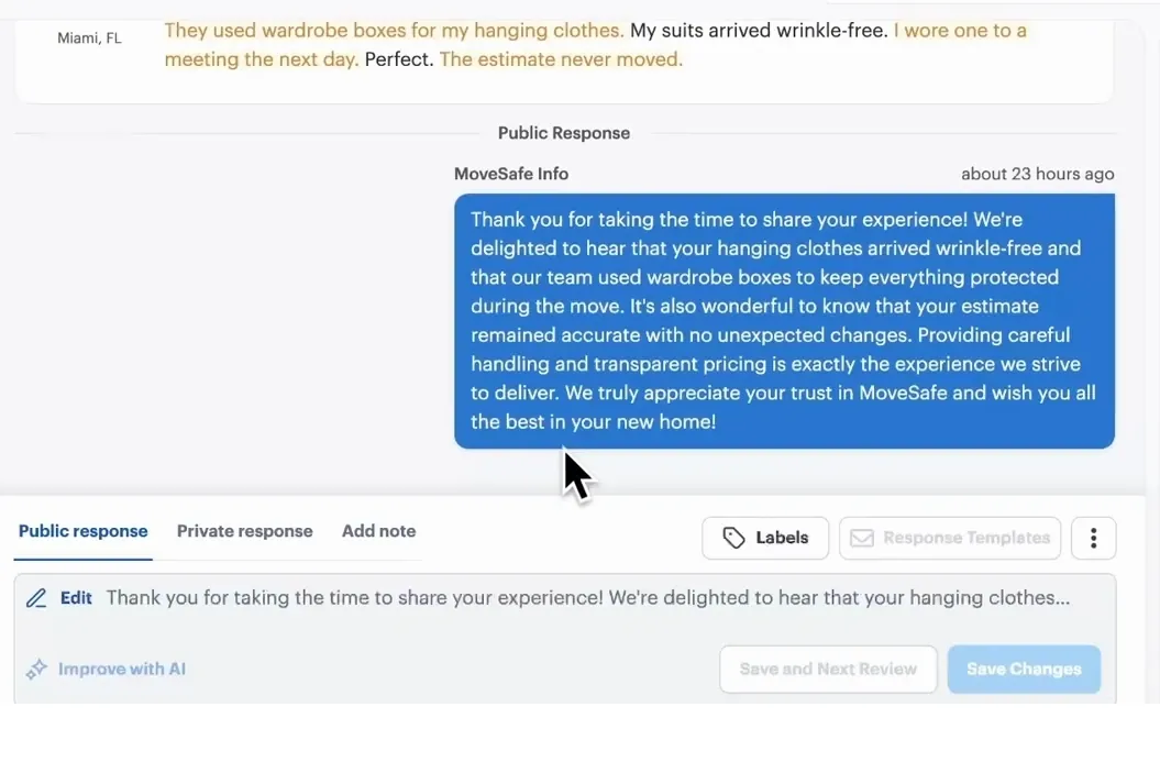 A five-star customer review with the brand's public response written underneath it, and the response composer open below with options for a public response, a private response, and an Improve with AI action.