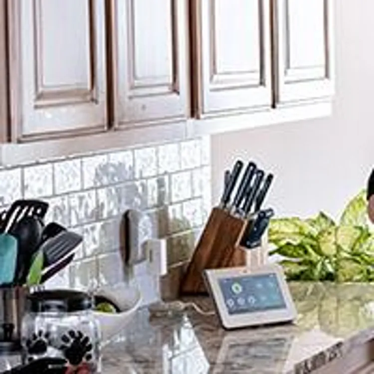 woman homeowner talking with home security installer