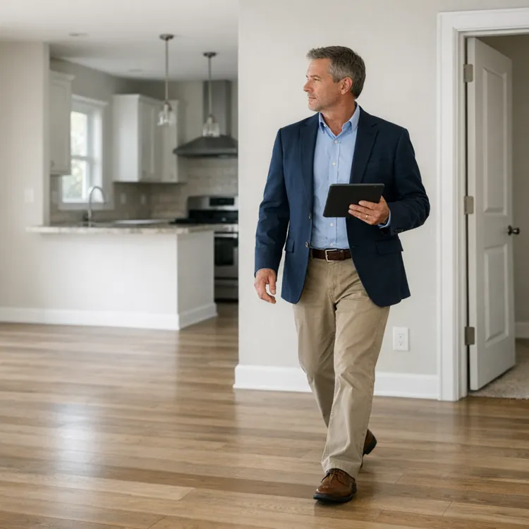 Man in blazer holding tablet walking through empty modern home with hardwood floors