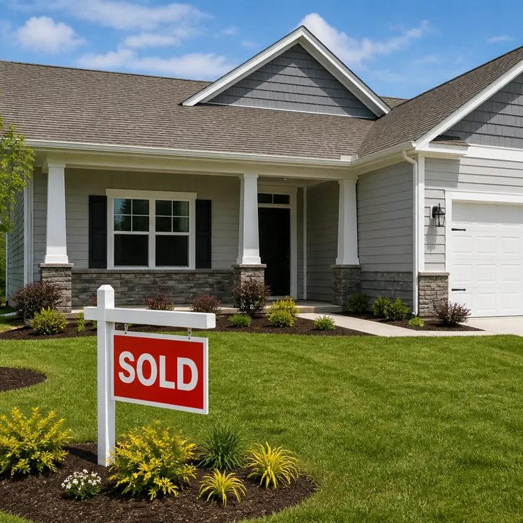 Single story house with a sold sign on the lawn and a two car garage